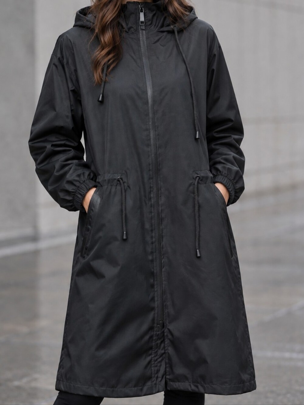Nine West Black Hooded Water Resistant Long Rain Jacket Trench Coat XL NWT
